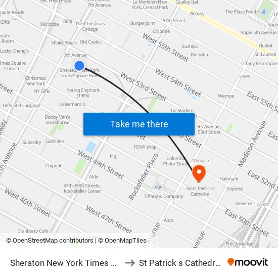 Sheraton New York Times Square Hotel to St Patrick s Cathedral NY USA map