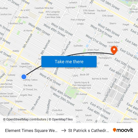 Element Times Square West New York to St Patrick s Cathedral NY USA map