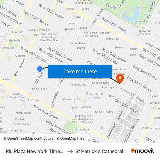 Riu Plaza New York Times Square to St Patrick s Cathedral NY USA map