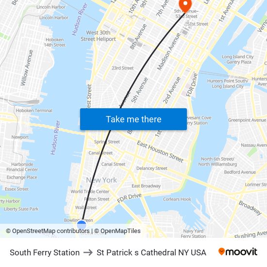 South Ferry Station, South Ferry Station, New York, NY 10004, USA to St Patrick s Cathedral NY USA map