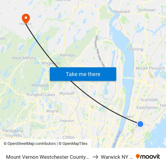 Mount Vernon Westchester County NY USA to Warwick NY USA map