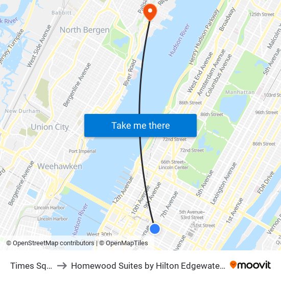 Times Square to Homewood Suites by Hilton Edgewater NYC Area map