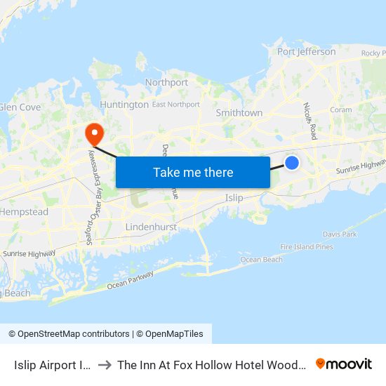 Islip Airport ISP to The Inn At Fox Hollow Hotel Woodbury map