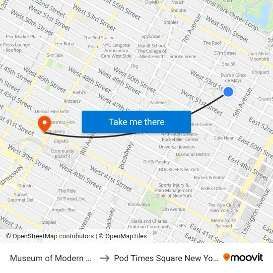 Museum of Modern Art to Pod Times Square New York map