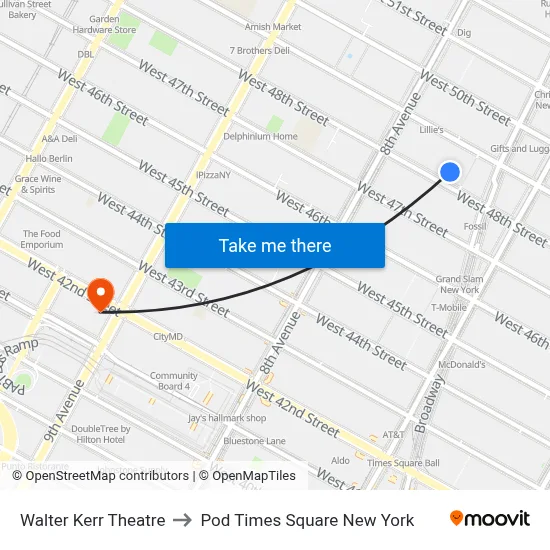 Walter Kerr Theatre to Pod Times Square New York map