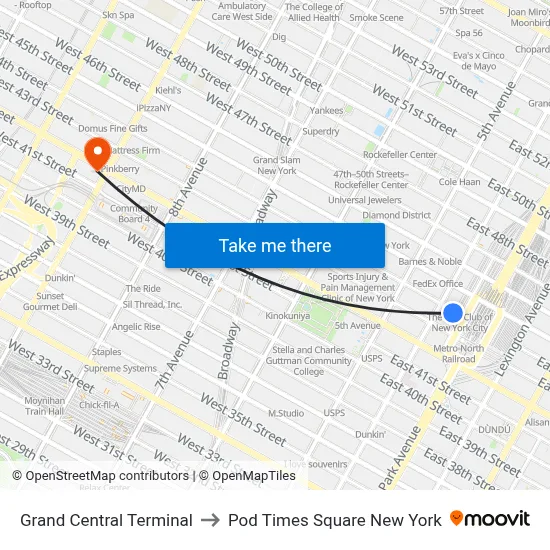 Grand Central Terminal to Pod Times Square New York map