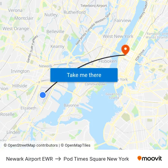 Newark Airport EWR to Pod Times Square New York map