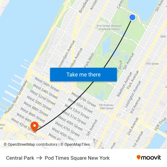 Central Park to Pod Times Square New York map