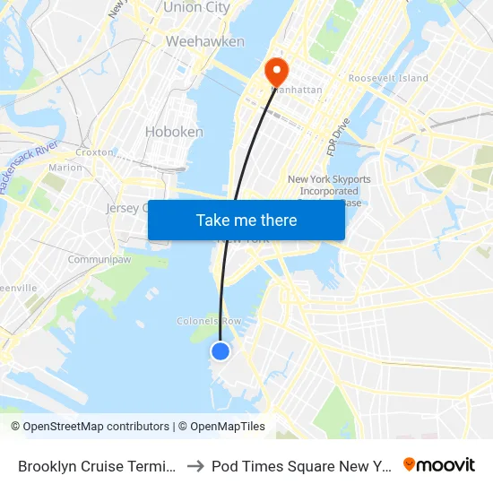 Brooklyn Cruise Terminal to Pod Times Square New York map
