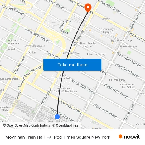 Moynihan Train Hall to Pod Times Square New York map