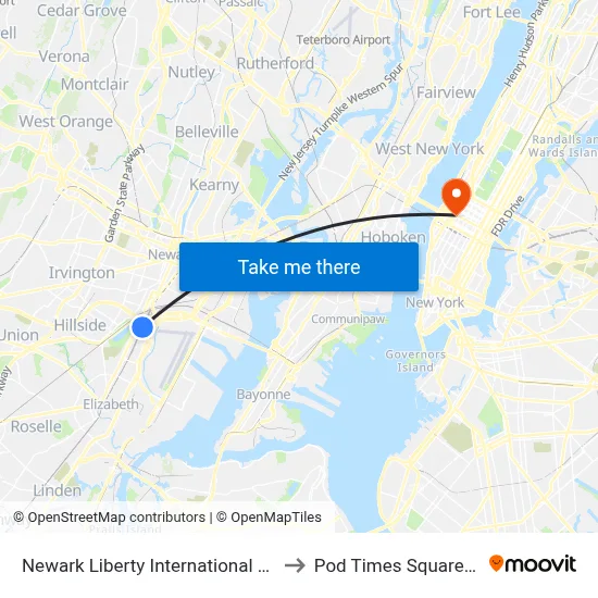 Newark Liberty International Airport Station to Pod Times Square New York map