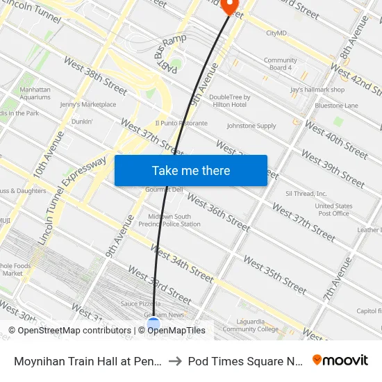 Moynihan Train Hall at Penn Station to Pod Times Square New York map
