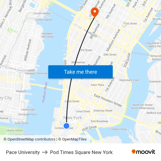 Pace University to Pod Times Square New York map