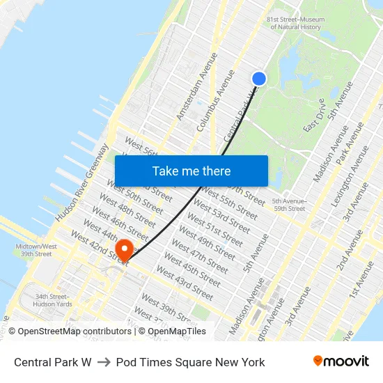 Central Park W, New York, NY 10023 to Pod Times Square New York map
