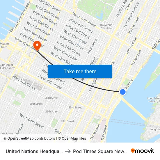 United Nations Headquarters to Pod Times Square New York map