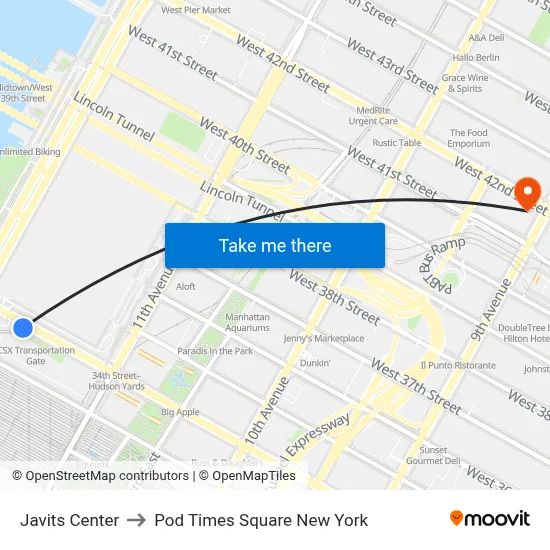 Javits Center to Pod Times Square New York map