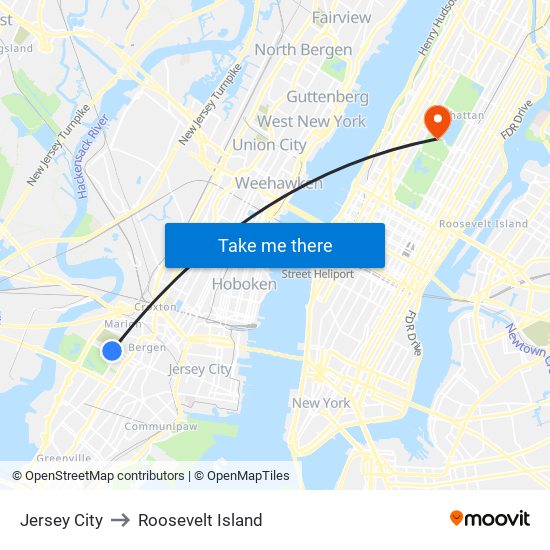 Jersey City to Roosevelt Island map