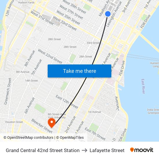 Grand Central 42nd Street Station to Lafayette Street map