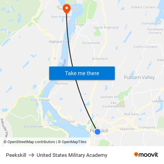 Peekskill to United States Military Academy map