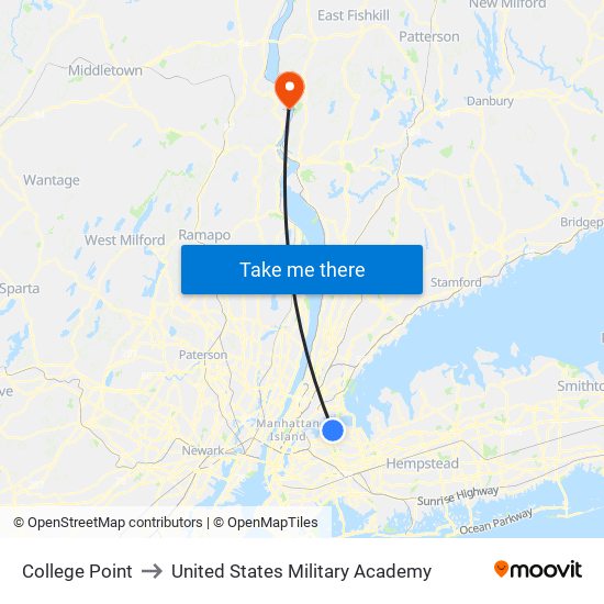 College Point to United States Military Academy map