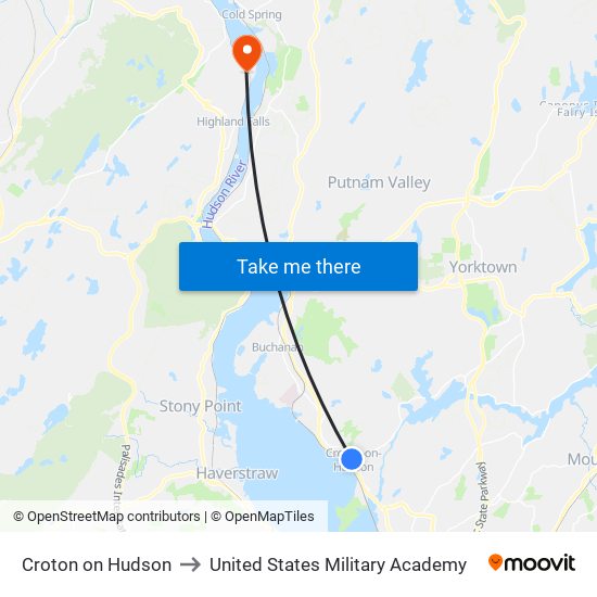 Croton on Hudson to United States Military Academy map