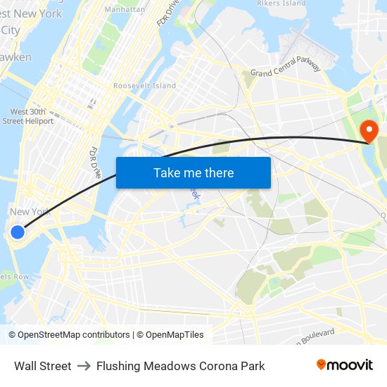 Wall Street to Flushing Meadows Corona Park map