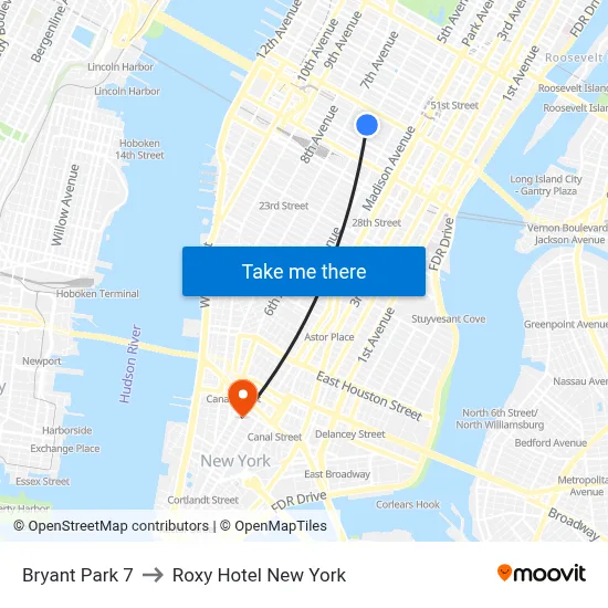 Bryant Park 7 to Roxy Hotel New York map