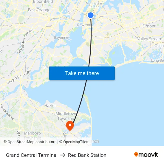 Grand Central Terminal to Red Bank Station map