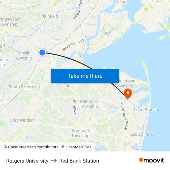 Rutgers University to Red Bank Station map