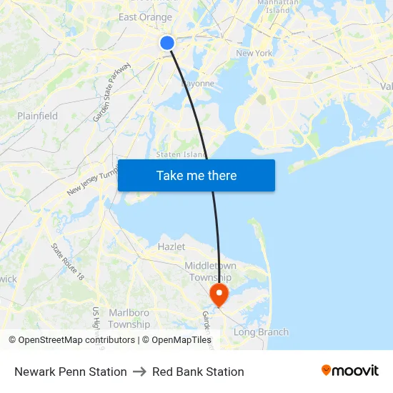 Newark Penn Station to Red Bank Station map