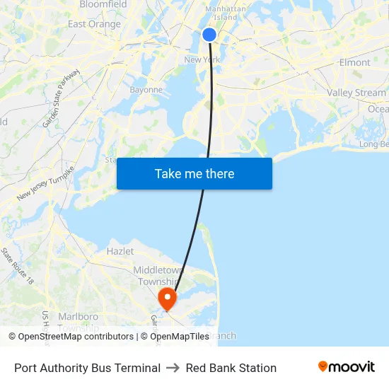 Port Authority Bus Terminal to Red Bank Station map