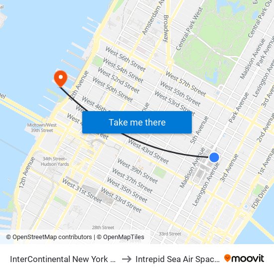 InterContinental New York Barclay Hotel to Intrepid Sea Air Space Museum map