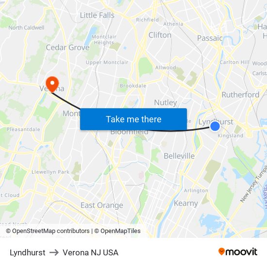 Lyndhurst to Verona NJ USA map