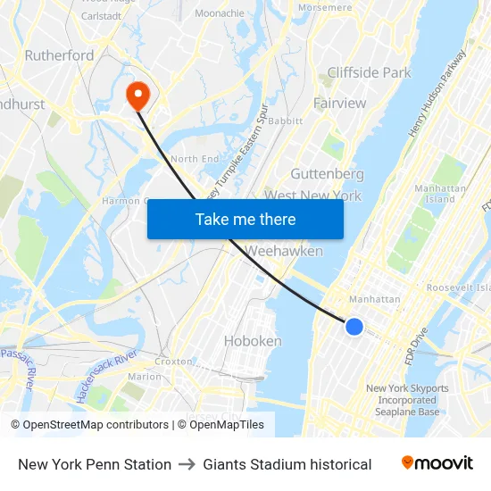 New York Penn Station to Giants Stadium historical map