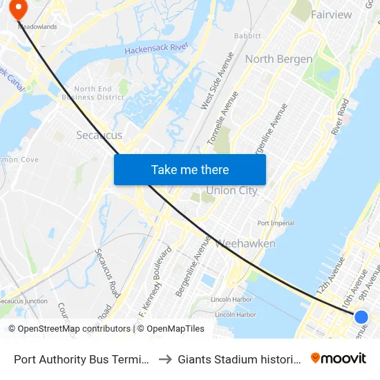 Port Authority Bus Terminal to Giants Stadium historical map