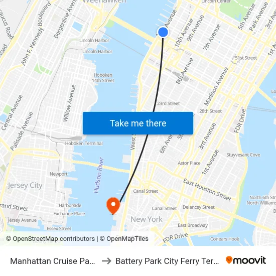 Manhattan Cruise Parking to Battery Park City Ferry Terminal map