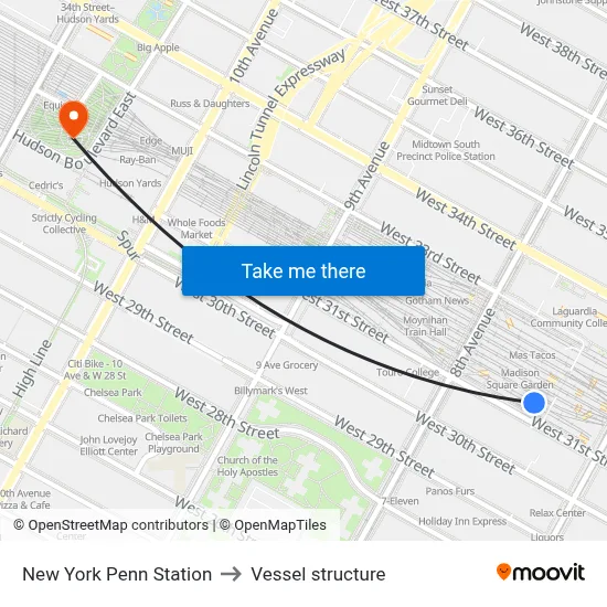 New York Penn Station to Vessel structure map