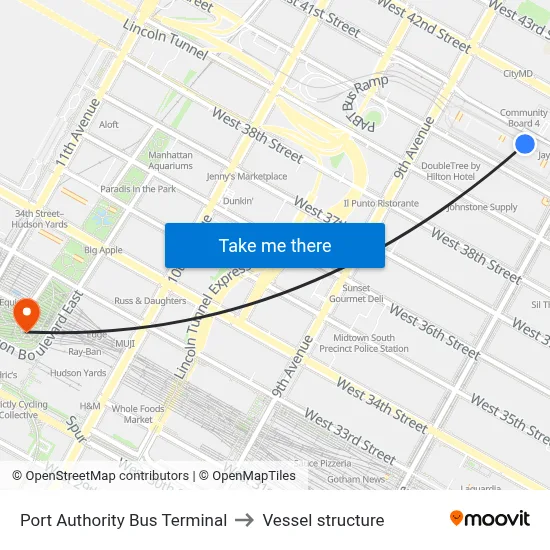 Port Authority Bus Terminal to Vessel structure map
