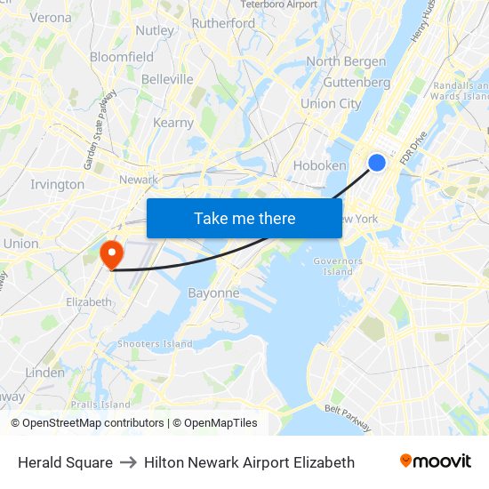 Herald Square to Hilton Newark Airport Elizabeth map