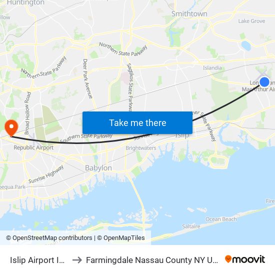 Islip Airport ISP to Farmingdale Nassau County NY USA map