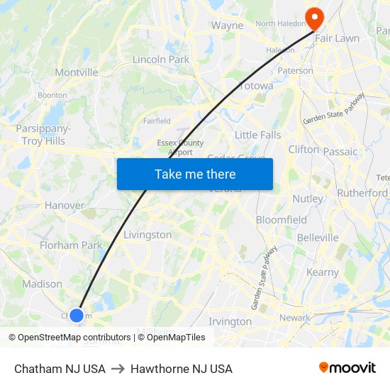 Chatham NJ USA to Hawthorne NJ USA map