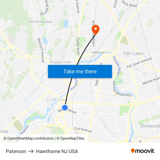 Paterson to Hawthorne NJ USA map