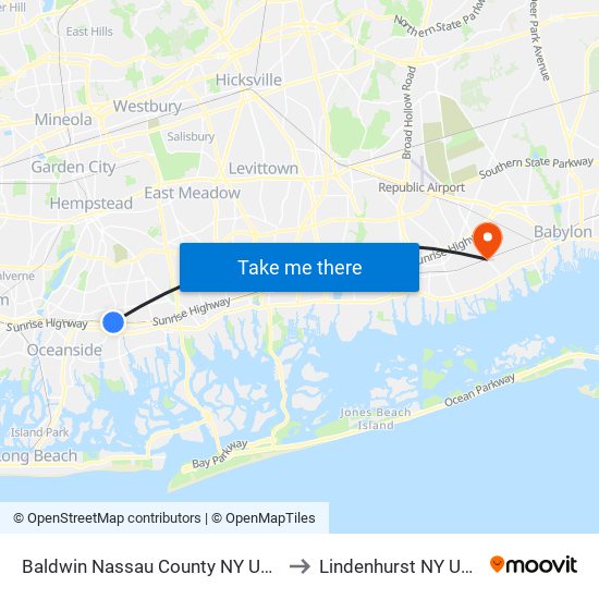 Baldwin Nassau County NY USA to Lindenhurst NY USA map