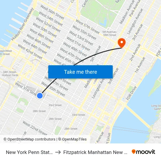 New York Penn Station to Fitzpatrick Manhattan New York map