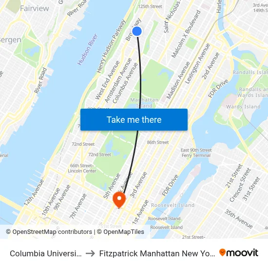 Columbia University to Fitzpatrick Manhattan New York map