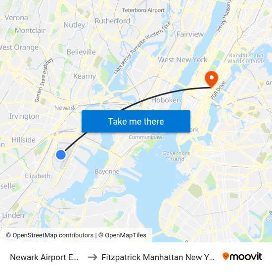 Newark Airport EWR to Fitzpatrick Manhattan New York map
