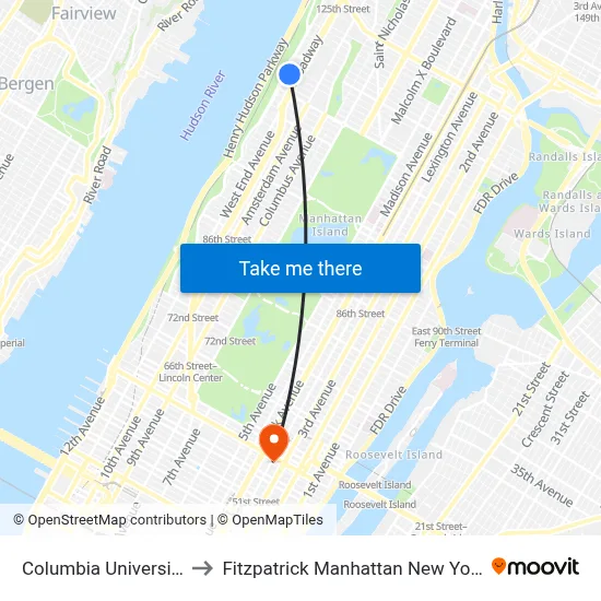 Columbia University to Fitzpatrick Manhattan New York map