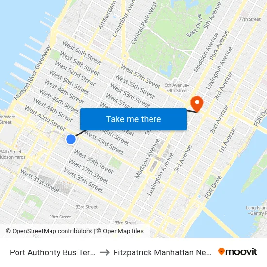 Port Authority Bus Terminal to Fitzpatrick Manhattan New York map