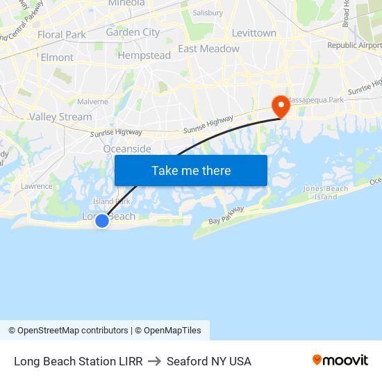 Long Beach Station LIRR to Seaford NY USA map