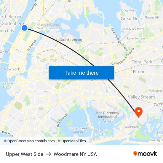 Upper West Side to Woodmere NY USA map